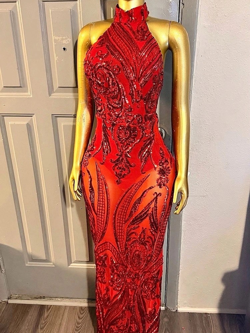 Fashion Nova Red Sequin Paisley Halter Maxi Dress Size Small